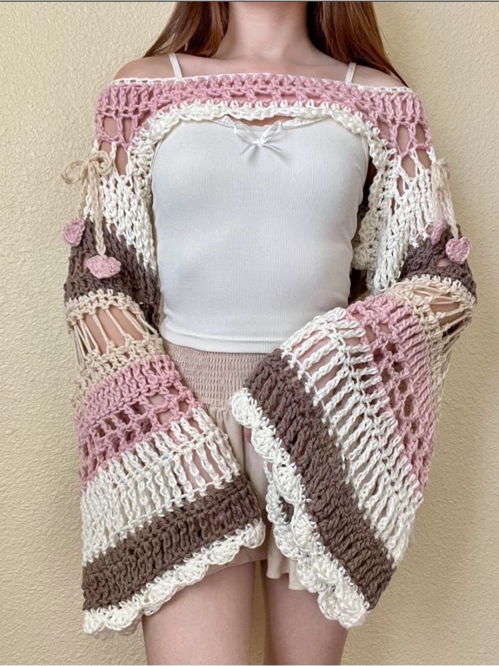 SOLDHandmade crochet balletcore bolero shrug pink brown bow and hearts coquette - Picture 3 of 7